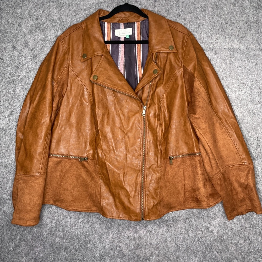 ANTHROPOLOGIE Robyn Faux Leather Moto Jacket Suede Cognac Tan Brown Sz 3X - Picture 5 of 12